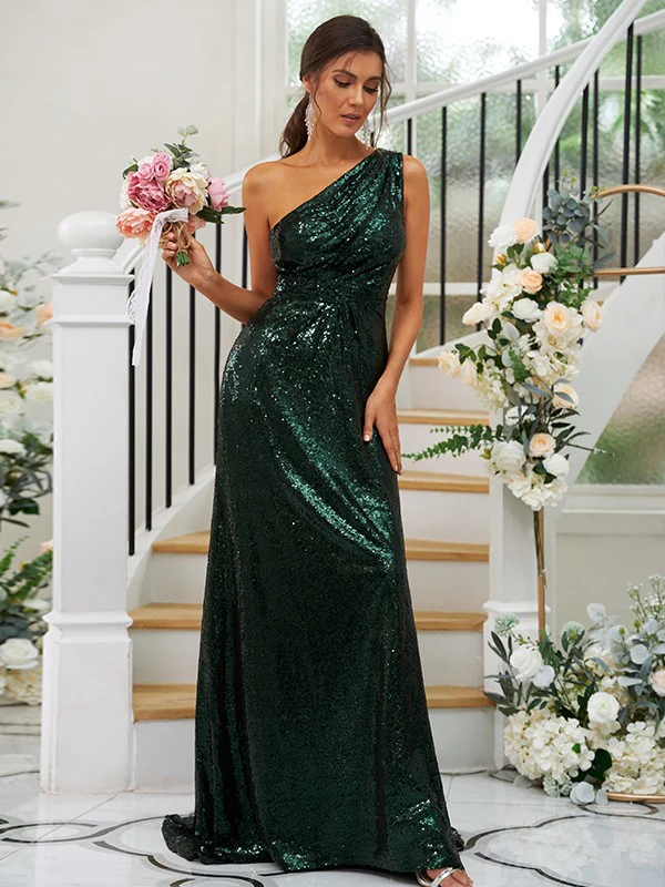 Sheath/Column Sequins Ruched One-Shoulder Sleeveless Sweep/Brush Train Bridesmaid Dresses - TREBLEV