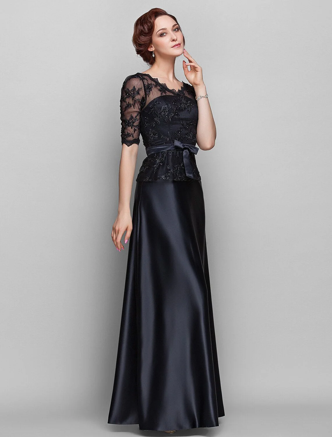 A-Line Mother of the Bride Dress  V Neck Floor Length Satin Lace Half Sleeve with Lace Bow(s) Beading - TREBLEV