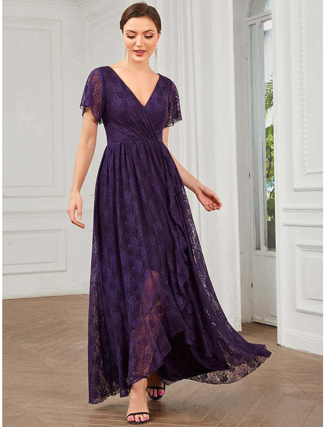A-Line Wedding Guest Dresses Elegant Dress Holiday Asymmetrical Short Sleeve V Neck Lace with Appliques - TREBLEV