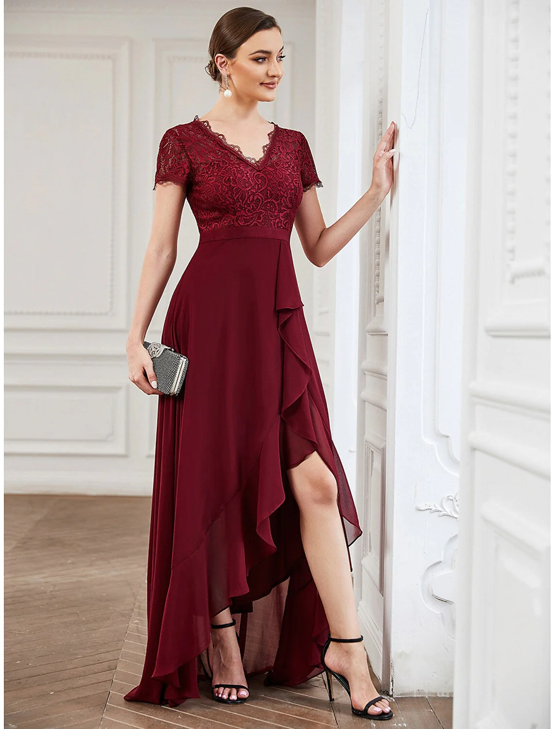 A-Line Cocktail Dresses Dress Wedding Party Asymmetrical Short Sleeve V Neck Lace with Slit - TREBLEV
