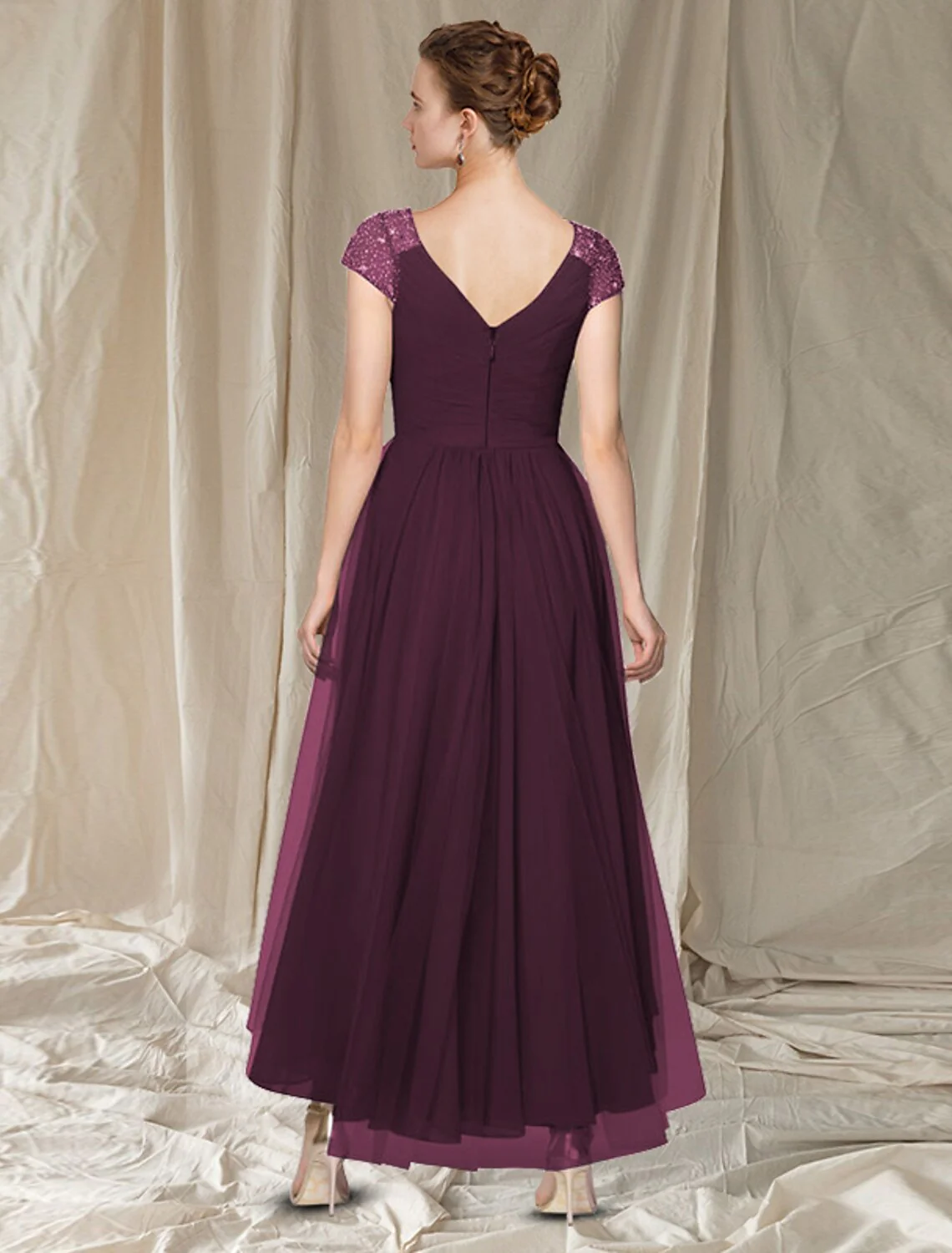 A-Line Mother of the Bride Dress Elegant High Low V Neck Asymmetrical Ankle Length Chiffon Cap Sleeve with Pleats Beading Sequin - TREBLEV