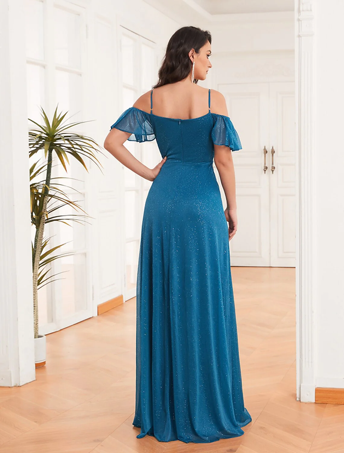 New Off Shoulder A-Line Side Split Sparkle Chiffon Bridesmaid Dress Adjustable Spaghetti Strap Ruffle Plus Size Evening Dress - TREBLEV