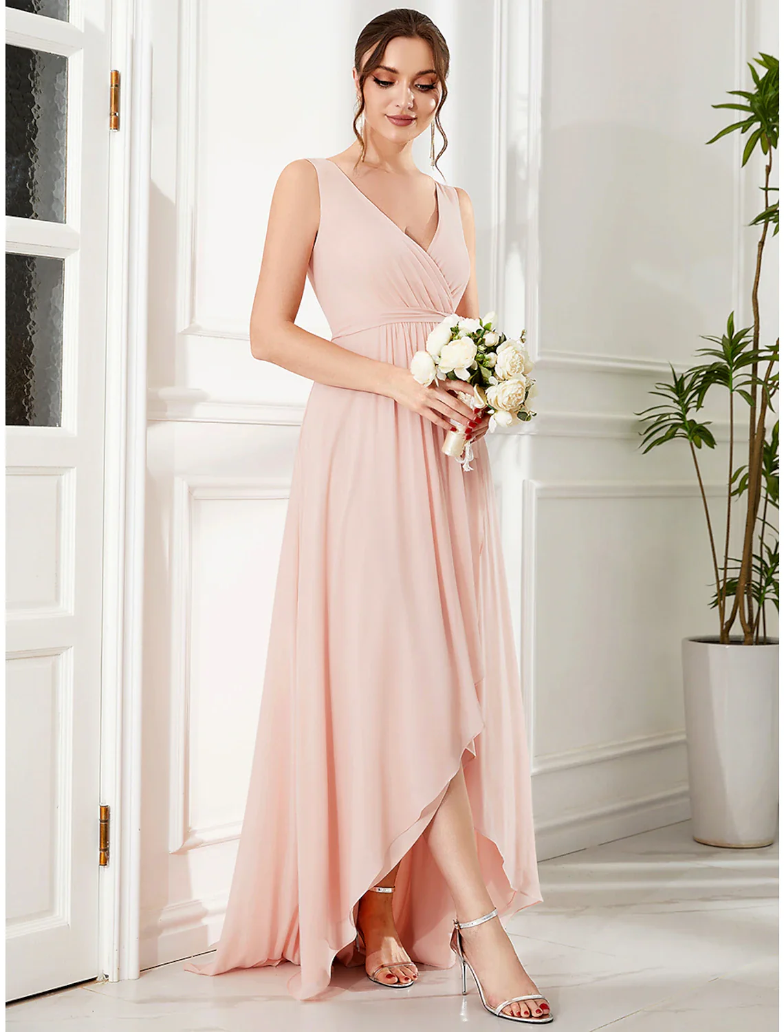 A-Line Wedding Guest Dresses Elegant Dress Party Wear Asymmetrical Sleeveless Spaghetti Strap Chiffon with Ruffles Slit - TREBLEV
