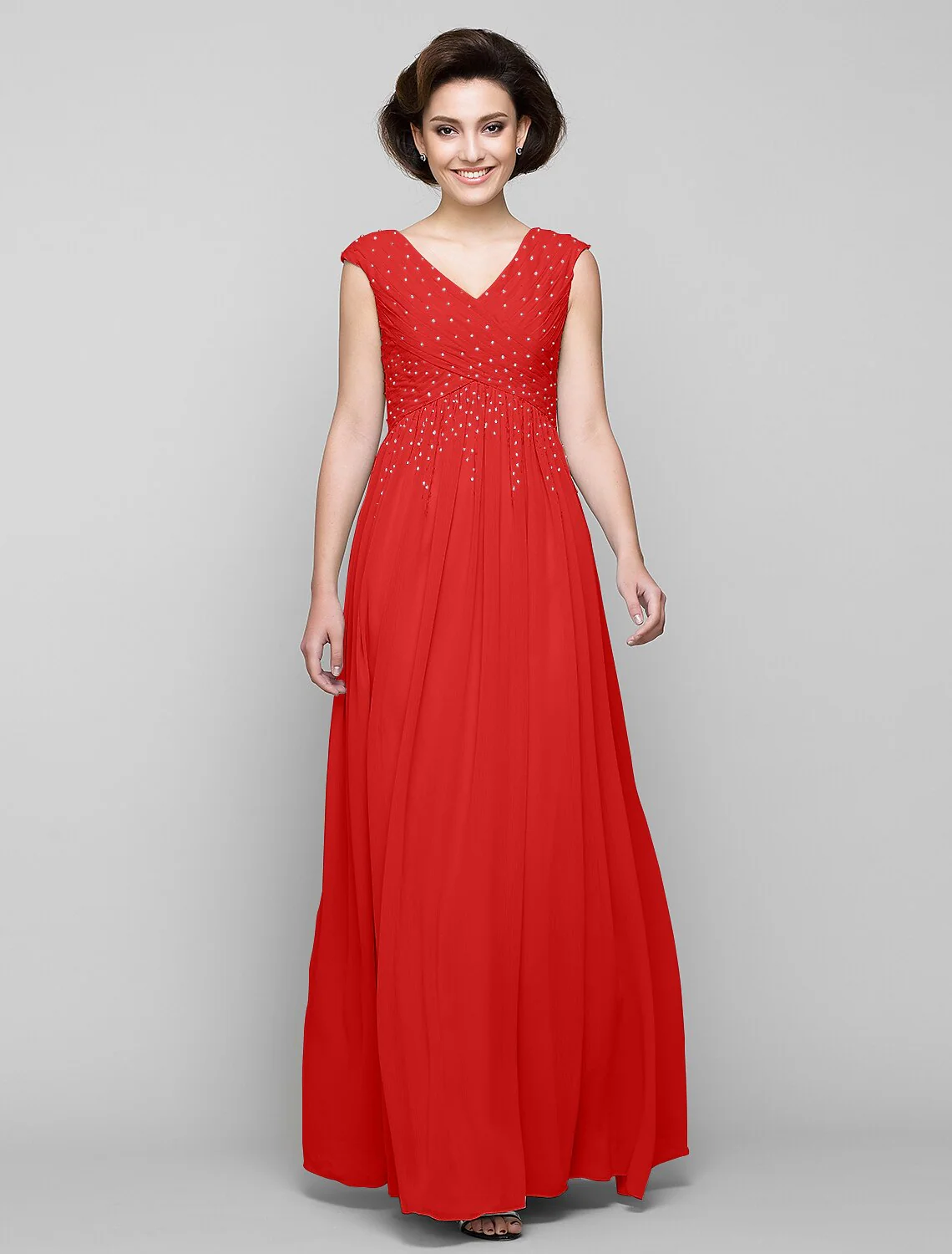 A-Line Mother of the Bride Dress Elegant V Neck Floor Length Chiffon Sleeveless with Cross Beading - TREBLEV