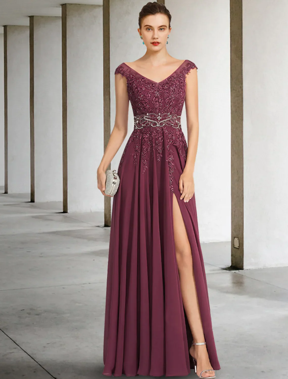 A-Line Mother of the Bride Dress Elegant V Neck Floor Length Chiffon Lace Sleeveless with Sash Ribbon Beading Split - TREBLEV