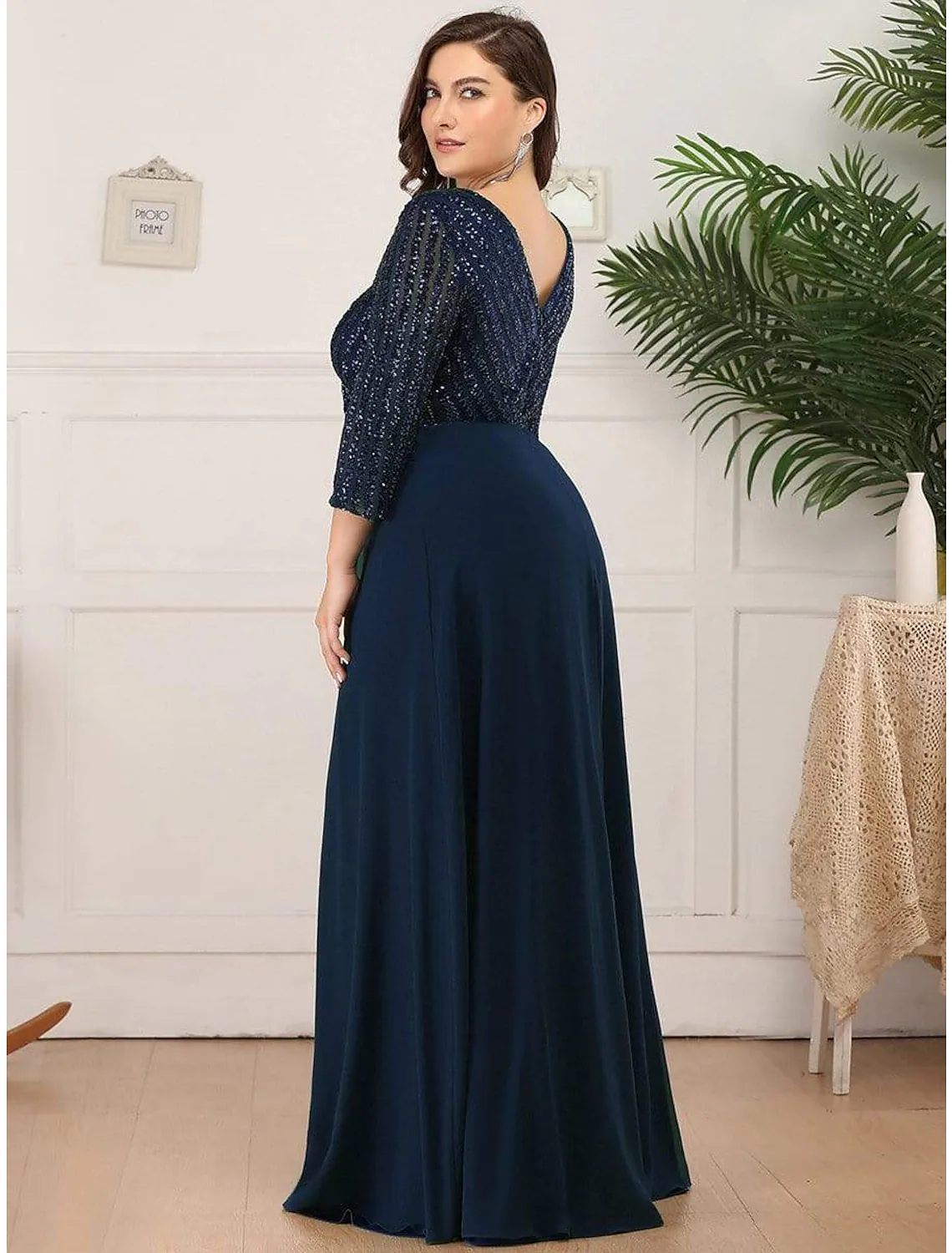 A-Line Evening Gown Plus Size Dress Wedding Guest Floor Length Length Sleeve V Neck Chiffon V Back with Sequin - TREBLEV