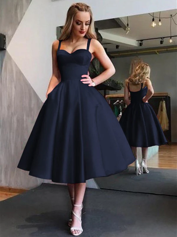 A-Line Straps Satin Sleeveless With Ruffles Tea-Length Dresses - TREBLEV