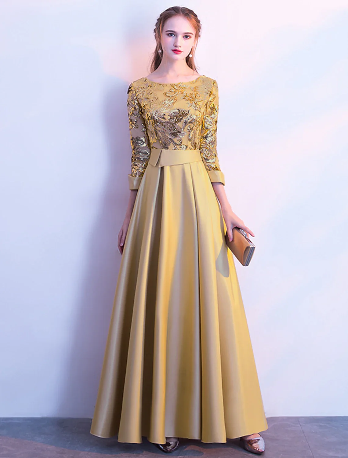 A-Line Bridesmaid Dress Jewel Neck Long Sleeve Beautiful Back Floor Length Satin / Tulle / Sequined with Sash / Ribbon / Pleats - TREBLEV