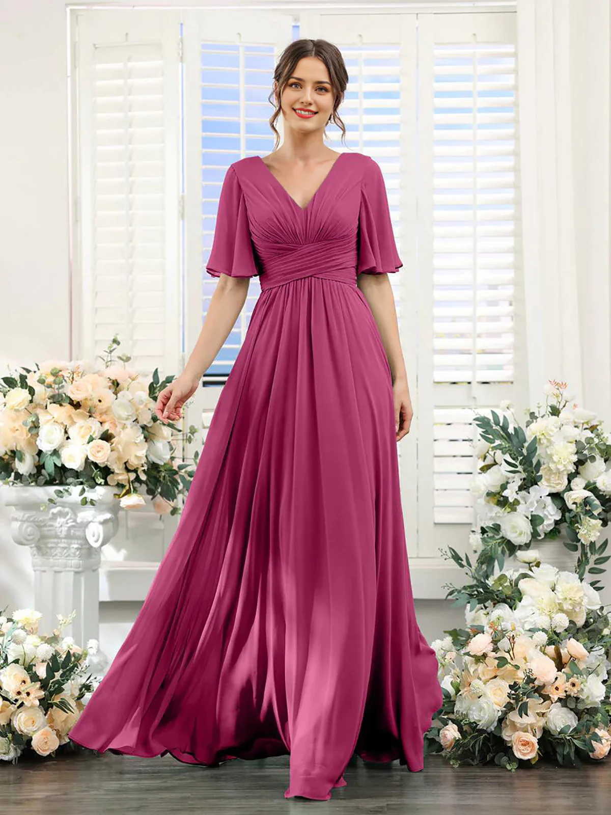 A-Line V Neck Sleeve Long Chiffon Formal Party Dresses for Wedding Guest Bridesmaid Dress - TREBLEV