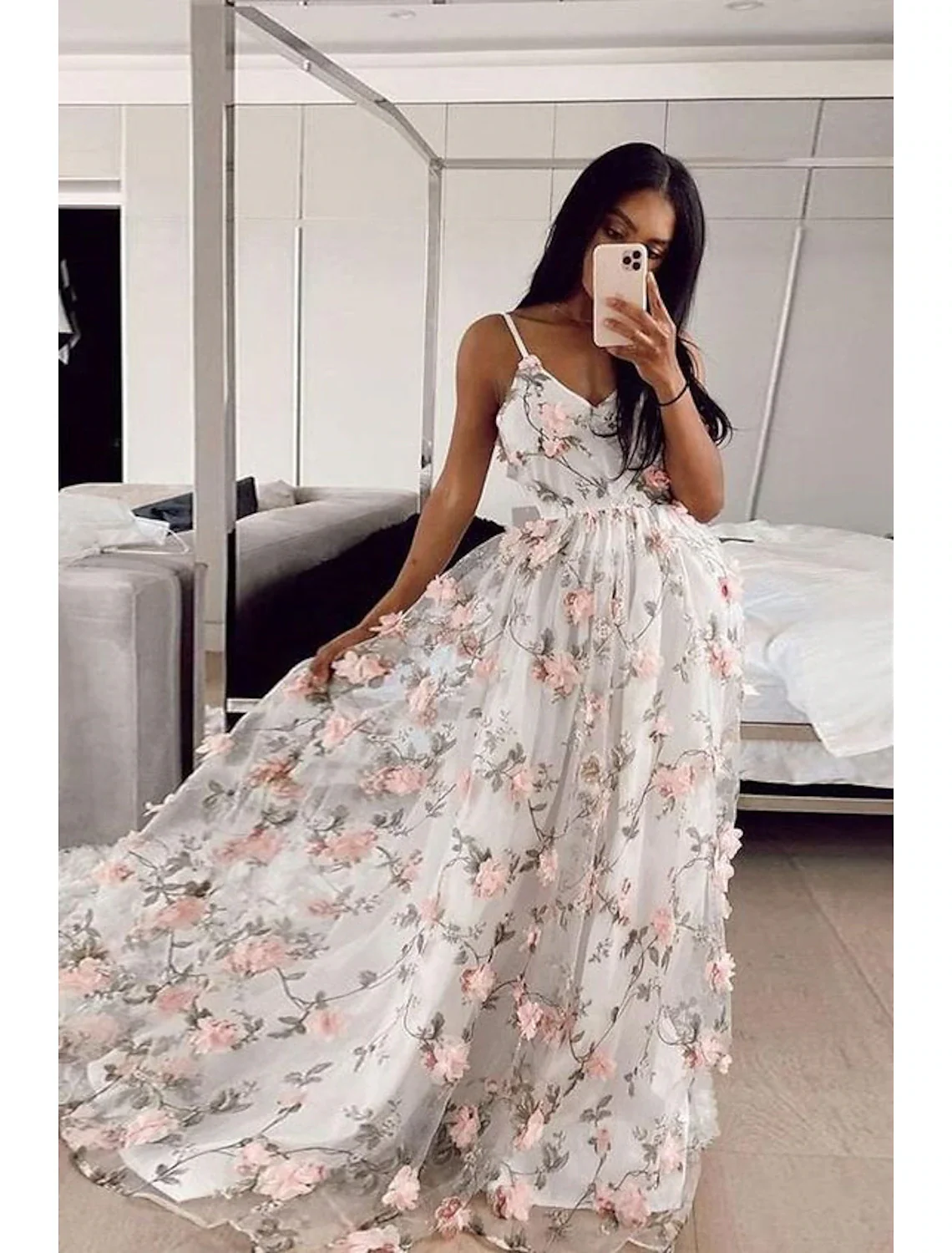 Sheath / Column Prom Dresses Floral Dress Sweet 16 Sweep / Brush Train Sleeveless Spaghetti Strap Lace with Pleats Appliques - TREBLEV