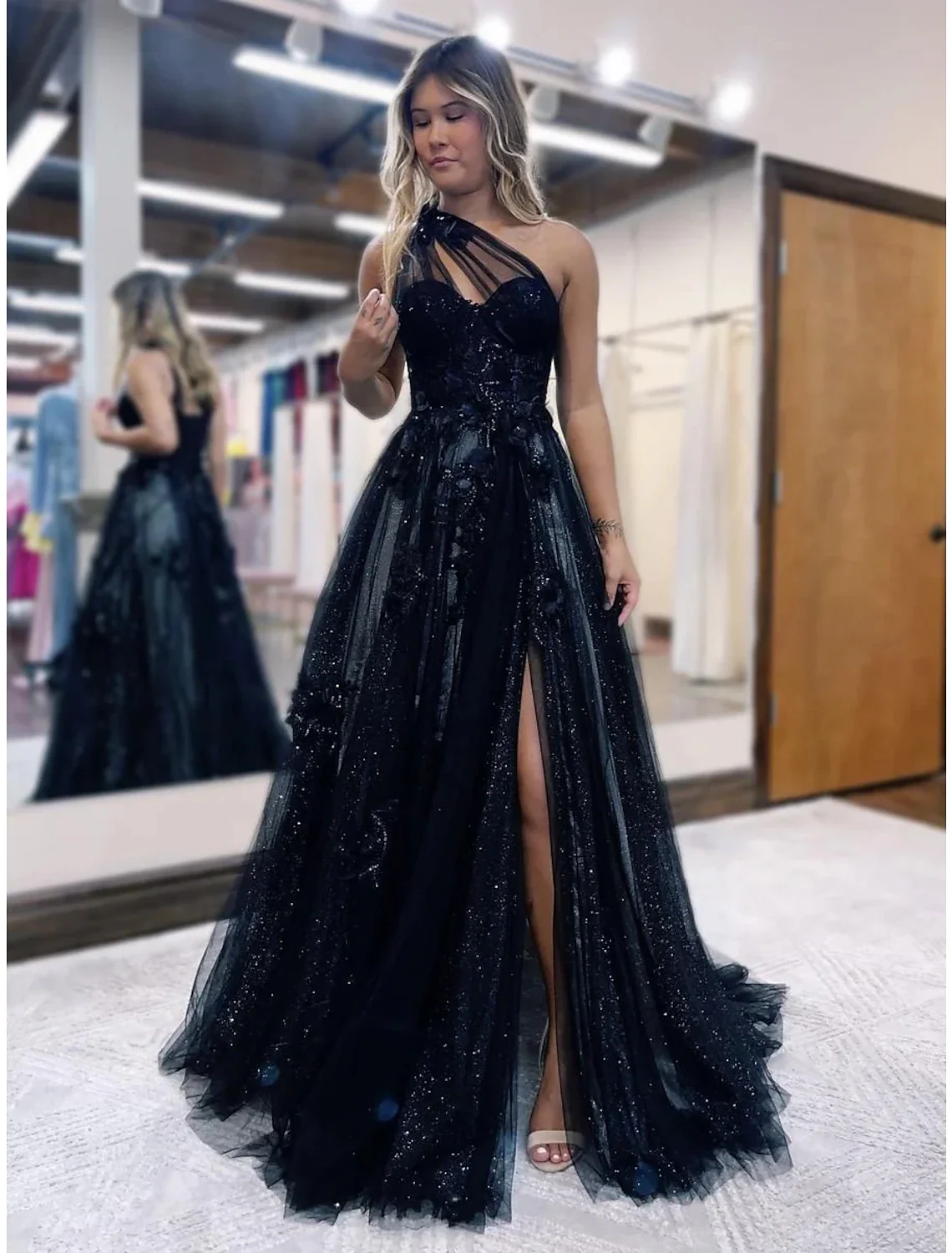 A-Line Prom Dresses Color Block Dress Formal Sweep / Brush Train Sleeveless One Shoulder Tulle Backless with Pleats Appliques - TREBLEV