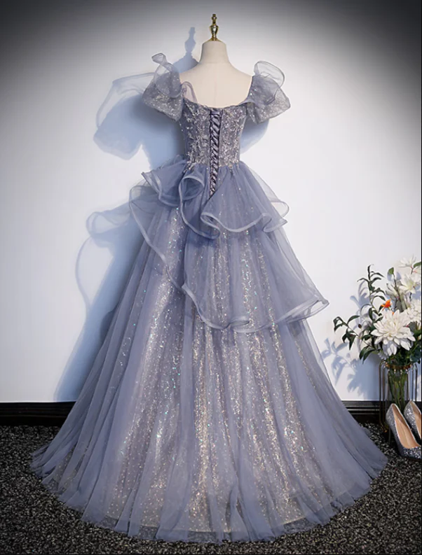 Ball Gown Quinceanera Dresses Princess Dress Performance Floor Length Short Sleeve Square Neck Tulle with Crystals Ruffles - TREBLEV