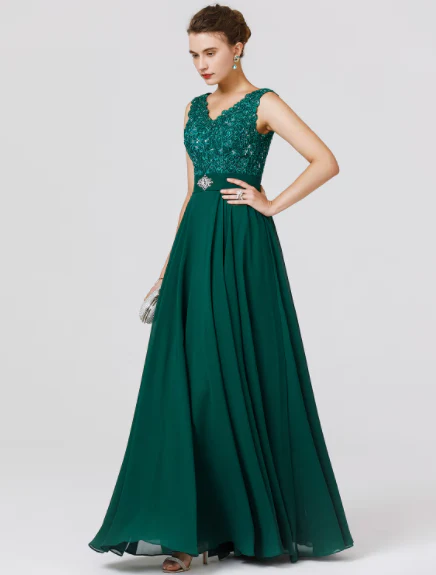 A-Line Elegant Dress Wedding Floor Length Sleeveless V Neck Chiffon Back Beading - TREBLEV