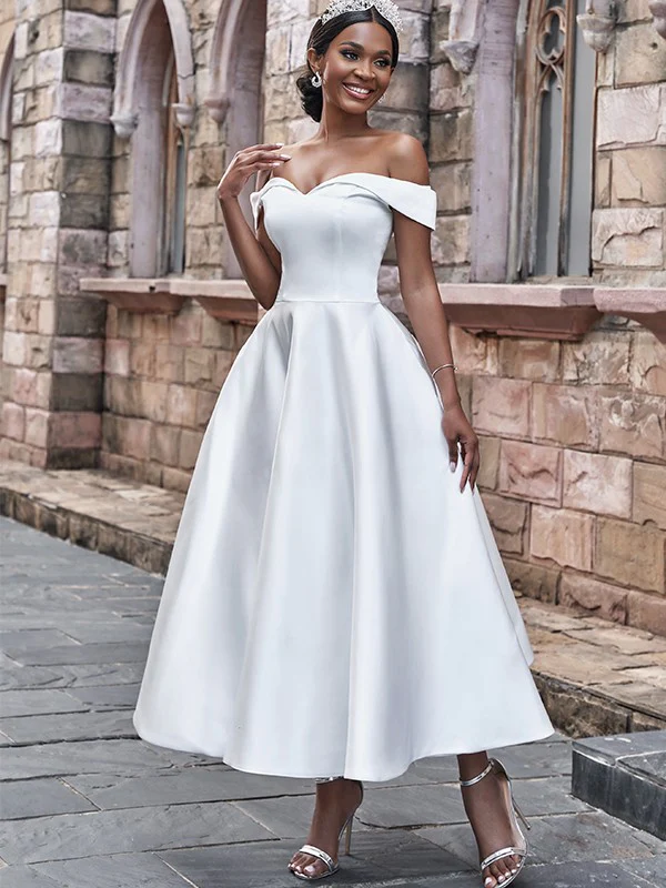 A-Line/Princess Satin Ruffles Off-the-Shoulder Sleeveless Ankle-Length Wedding Dresses - TREBLEV