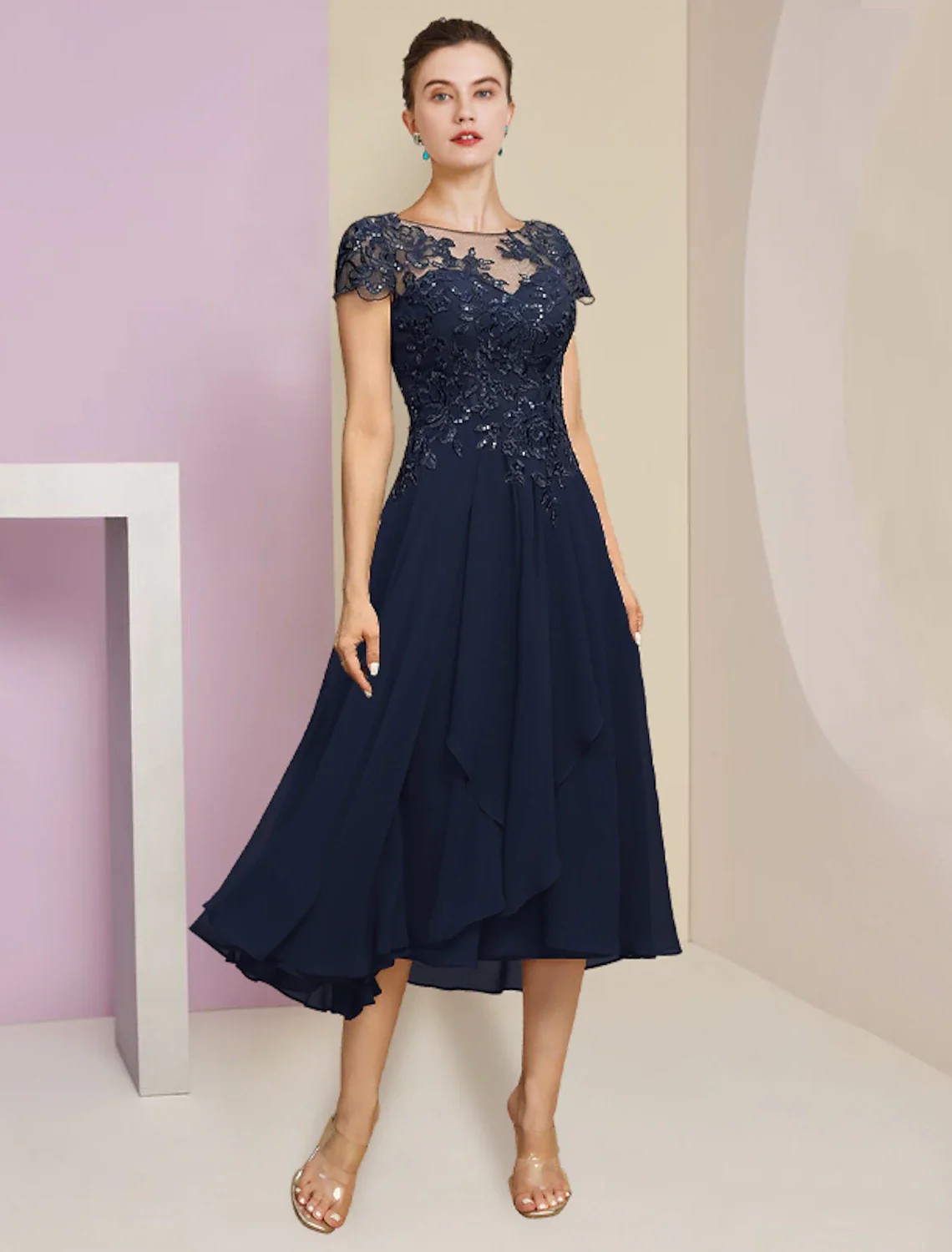 Two Piece A-Line Mother of the Bride Dress Formal Elegant Scoop Neck Tea Length Chiffon Lace Short Sleeve Wrap Included with Pleats Sequin Appliques - TREBLEV