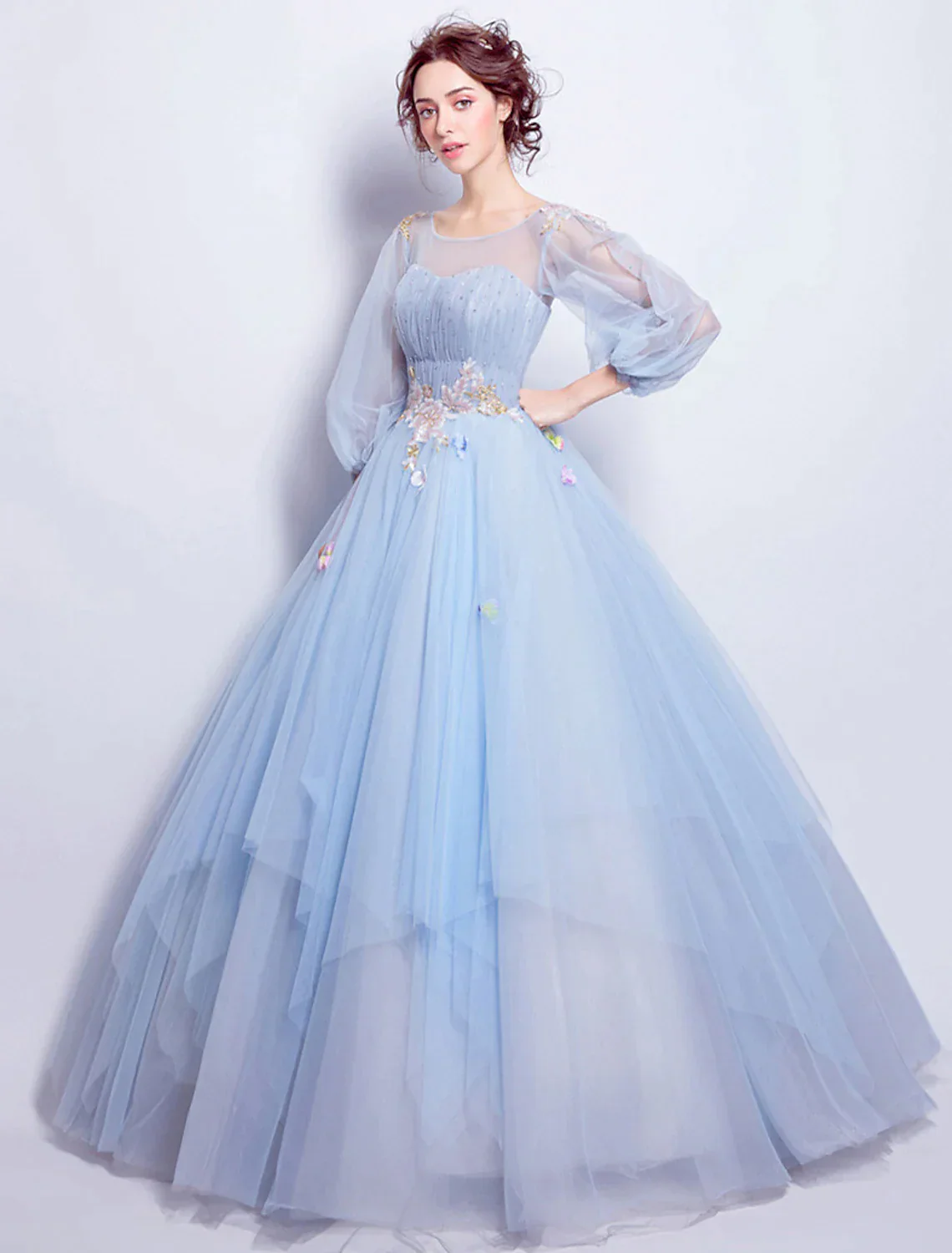 Puffy Quinceanera Engagement Dress Length Sleeve Floor Length Tulle leats - TREBLEV