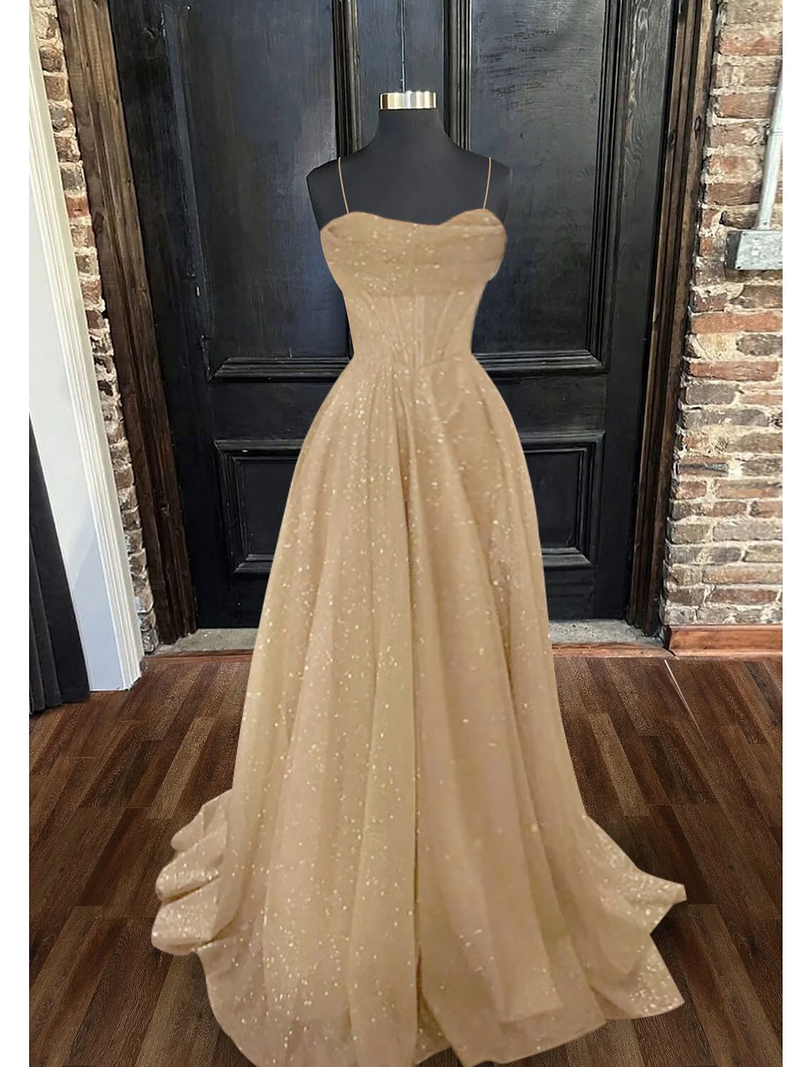 A-Line Prom Dresses Corsets Dress Wedding Party Sweep / Brush Train Sleeveless Spaghetti Strap Fall Wedding Reception Tulle with Glitter Pleats - TREBLEV