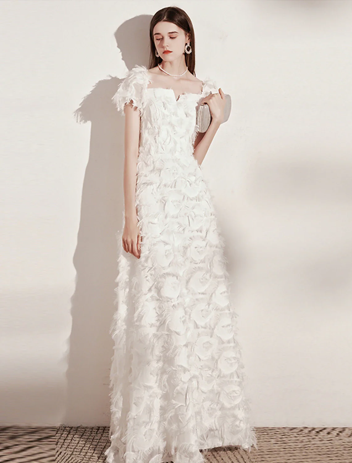 A-Line Evening Gown Minimalist Dress Wedding Guest Floor Length Short Sleeve Scoop Neck Nylon with Feather Pure Color - TREBLEV