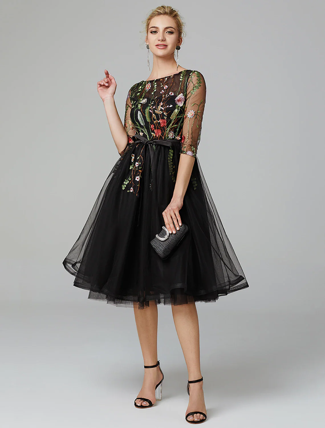 A-Line Little Black Dress Dress Wedding Guest Knee Length Long Sleeve Illusion Neck Wednesday Addams Family Tulle with Embroidery Appliques - TREBLEV