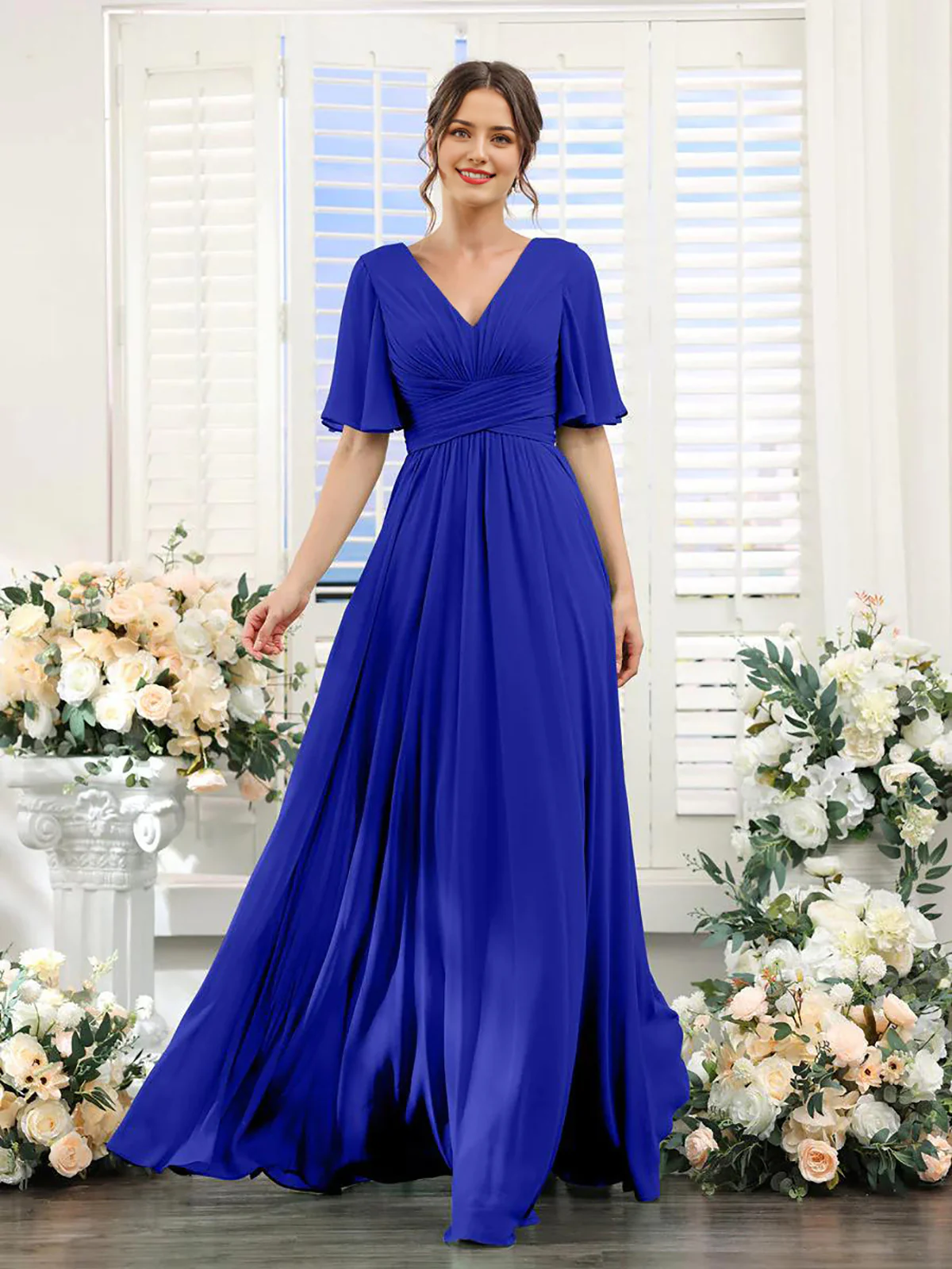 A-Line V Neck Sleeve Bridesmaid Dress for Wedding Guest Long Chiffon Party Dresses with Slit - TREBLEV