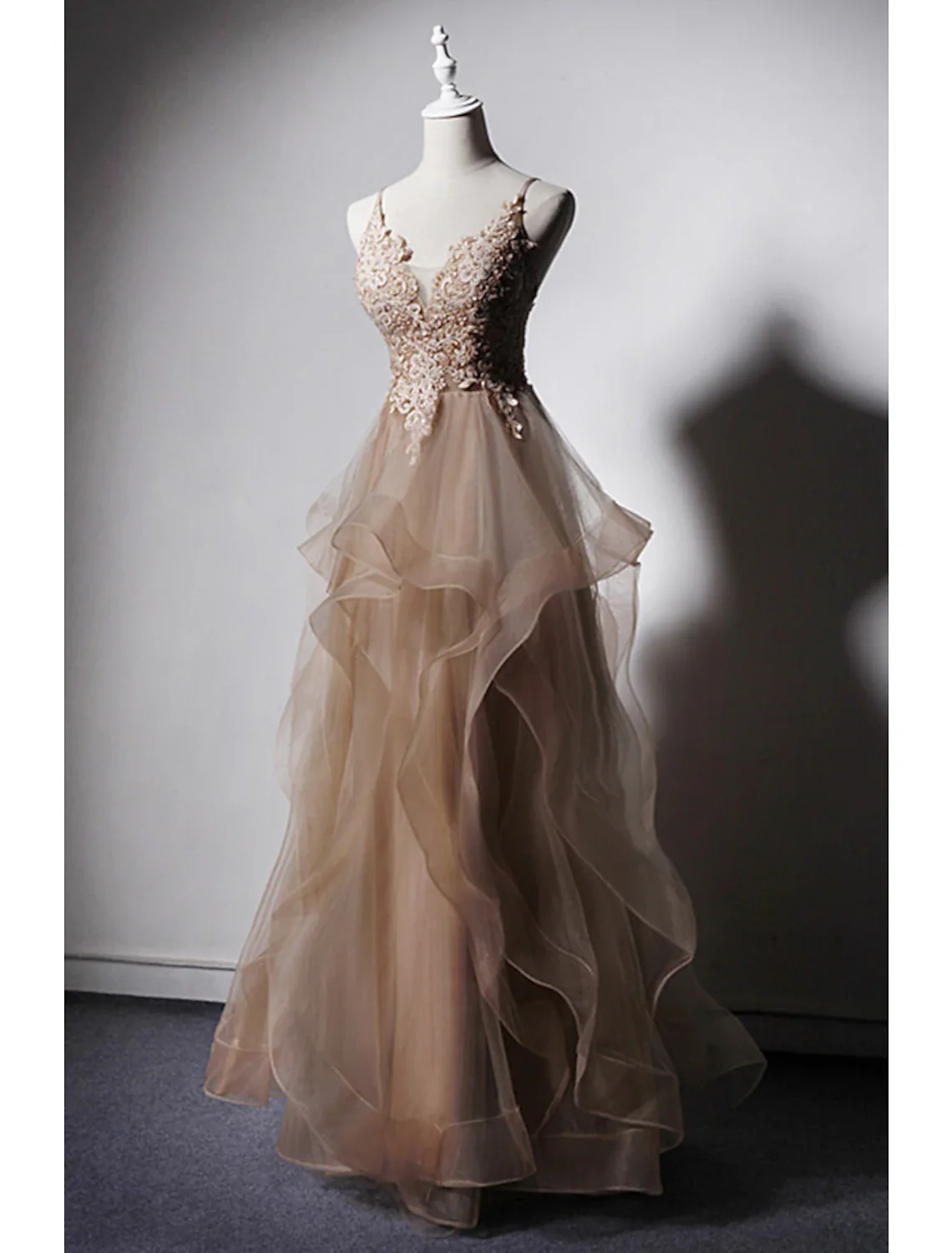 A-Line Prom Dresses Sexy Dress Formal Floor Length Sleeveless Spaghetti Strap Lace with Ruffles Appliques - TREBLEV