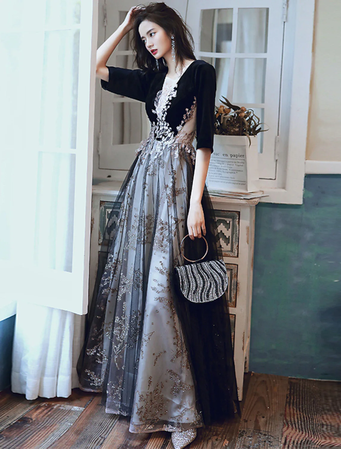 A-Line Glittering Cut Out Party Wear Formal Evening Dress Illusion Neck Half Sleeve Floor Length Velvet with Sequin Appliques - TREBLEV