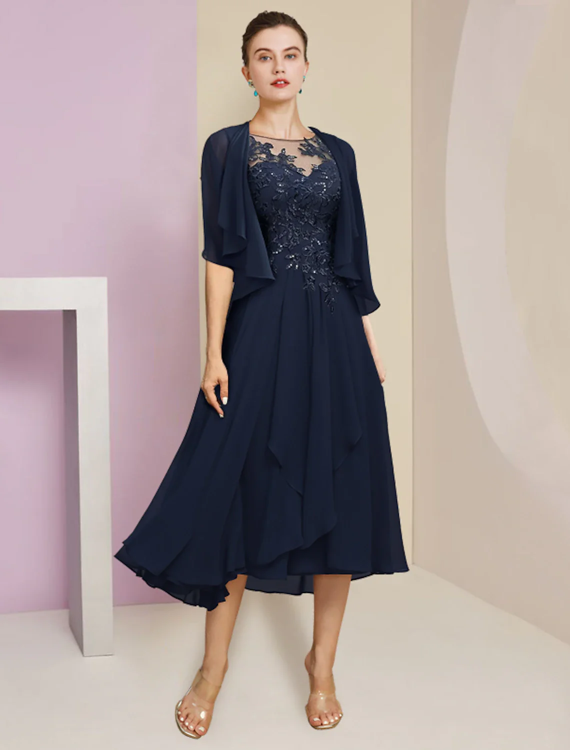 Two Piece A-Line Mother of the Bride Dress Formal Elegant Scoop Neck Tea Length Chiffon Lace Short Sleeve Wrap Included with Pleats Sequin Appliques - TREBLEV