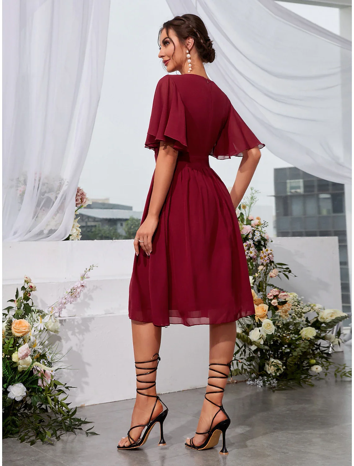 A-Line Wedding Guest Dresses Elegant Dress Holiday Knee Length Short Sleeve Jewel Neck Chiffon with Pleats Ruffles - TREBLEV