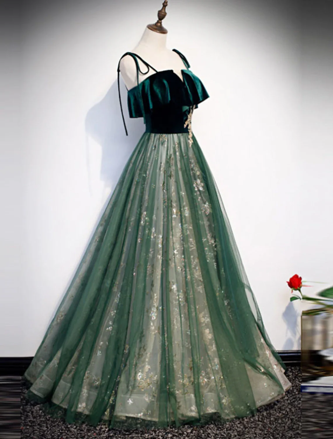 A-Line Glittering Luxurious Engagement Formal Evening Dress Spaghetti Strap Sleeveless Floor Length Organza with Sequin - TREBLEV