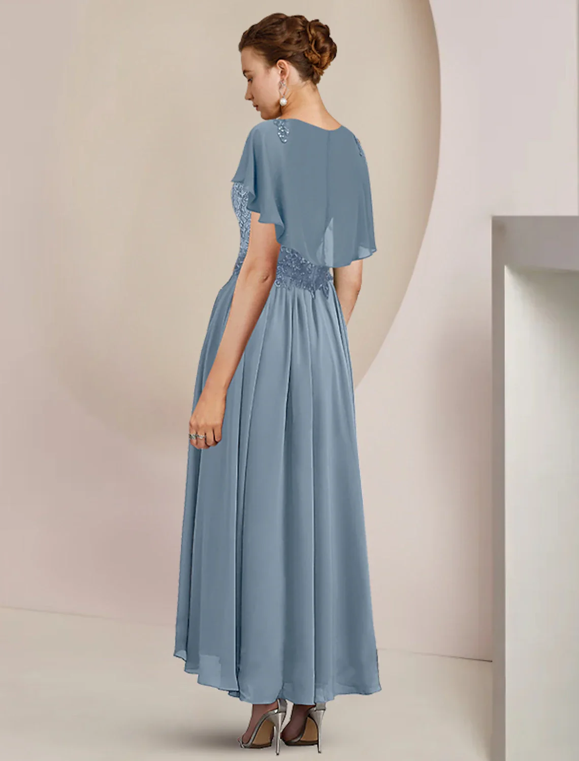 A-Line Mother of the Bride Dress Elegant Scoop Neck Tea Length Chiffon Lace Sleeveless with Beading Appliques - TREBLEV