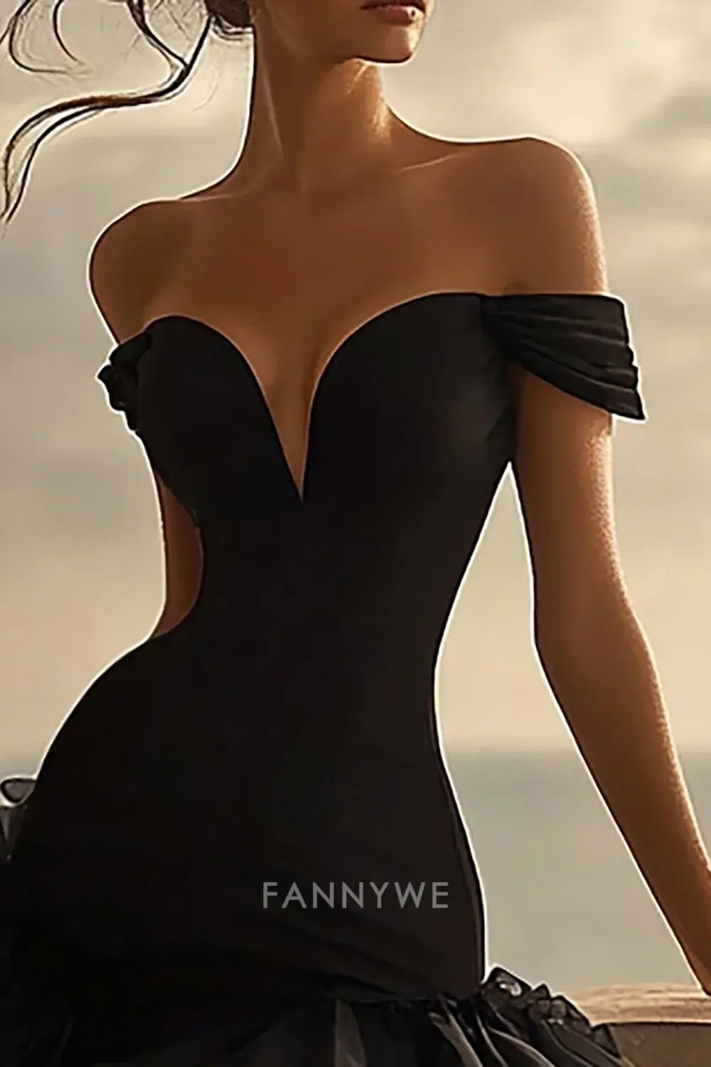 FannyWe Elegant Black Off The Shoulder A Line High-Low Cocktail Homecoming Dress with Ruffles hot sale - TREBLEV