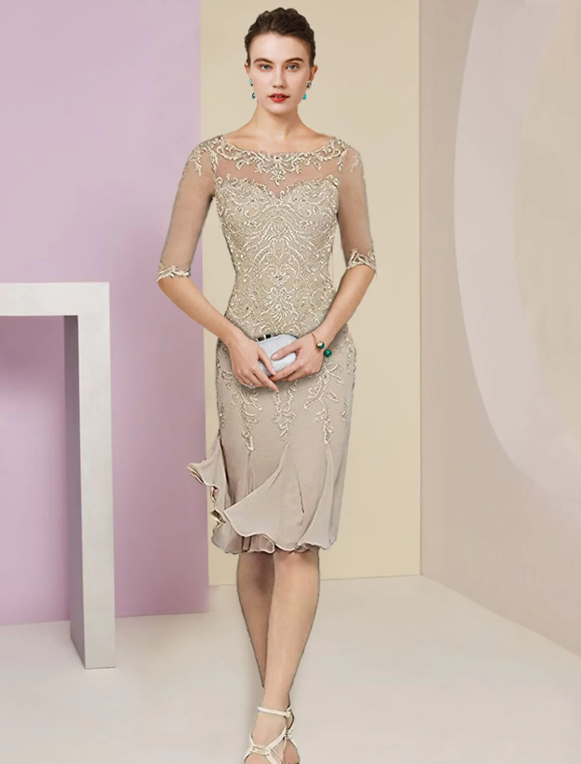 Two Piece Mermaid / Trumpet Mother of the Bride Dress Formal Wedding Guest Vintage Elegant Scoop Neck Knee Length Chiffon Lace Half Sleeve Jacket Dresses with Pleats Appliques - TREBLEV