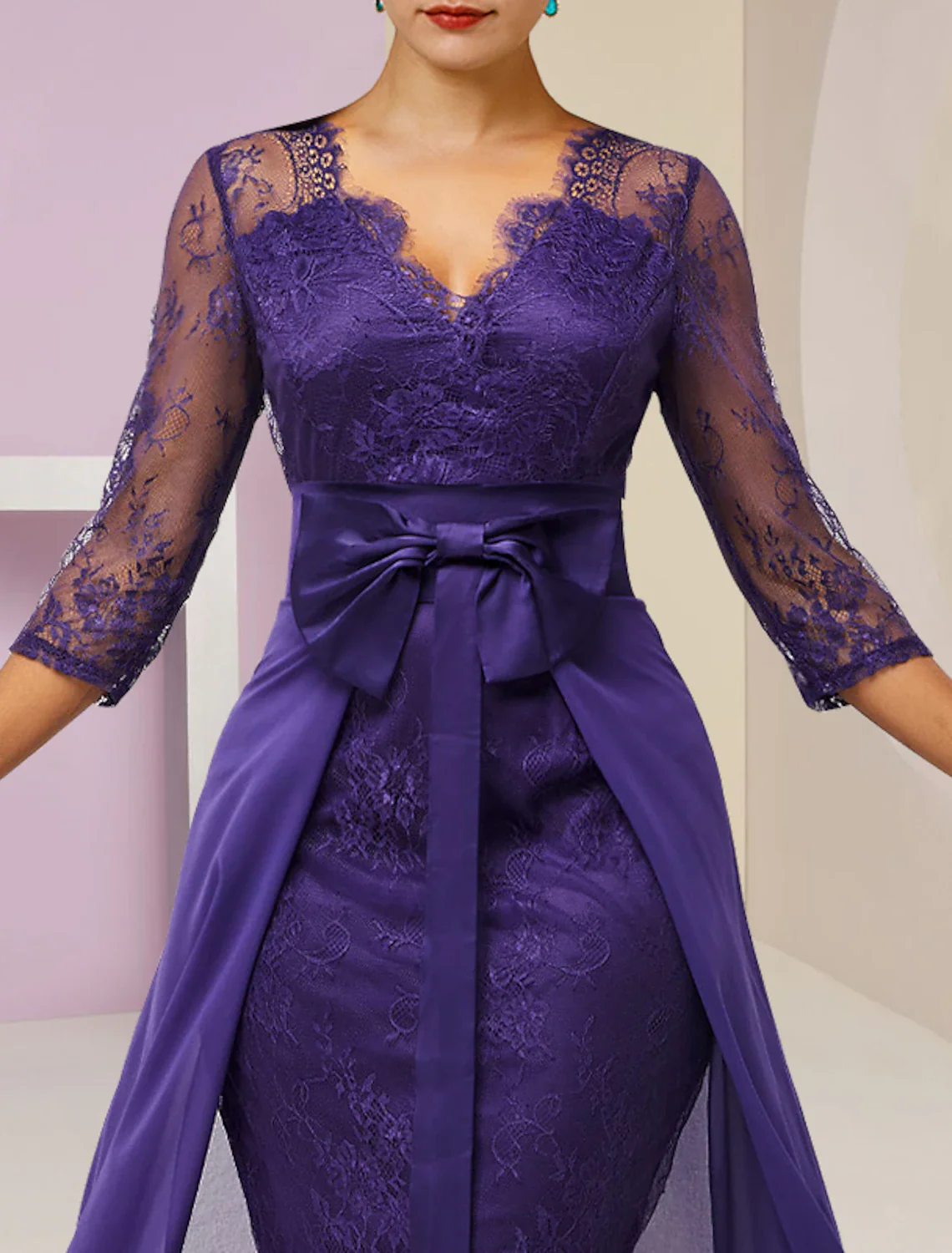 Two Piece Sheath / Column Mother of the Bride Dress Formal Wedding Guest Elegant detachable V Neck Knee Length Chiffon Lace 3/4 Length Sleeve with Bow(s) - TREBLEV