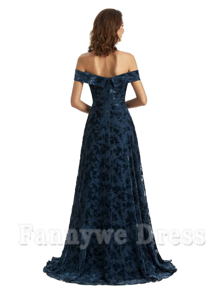 A-Line Off Shoulder Lace Velvet formal dresses evening gown Bridesmaid Dresses With Side Slit - TREBLEV