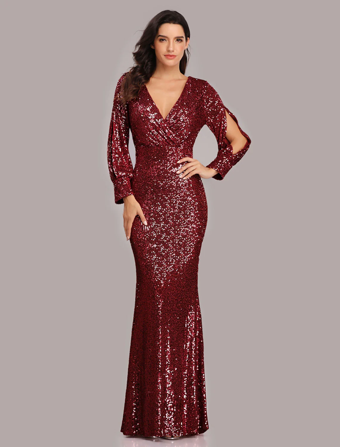 Mermaid / Trumpet Evening Gown Sparkle Dress Party Wear Floor Length Long Sleeve V Neck Sequined with Sequin - TREBLEV