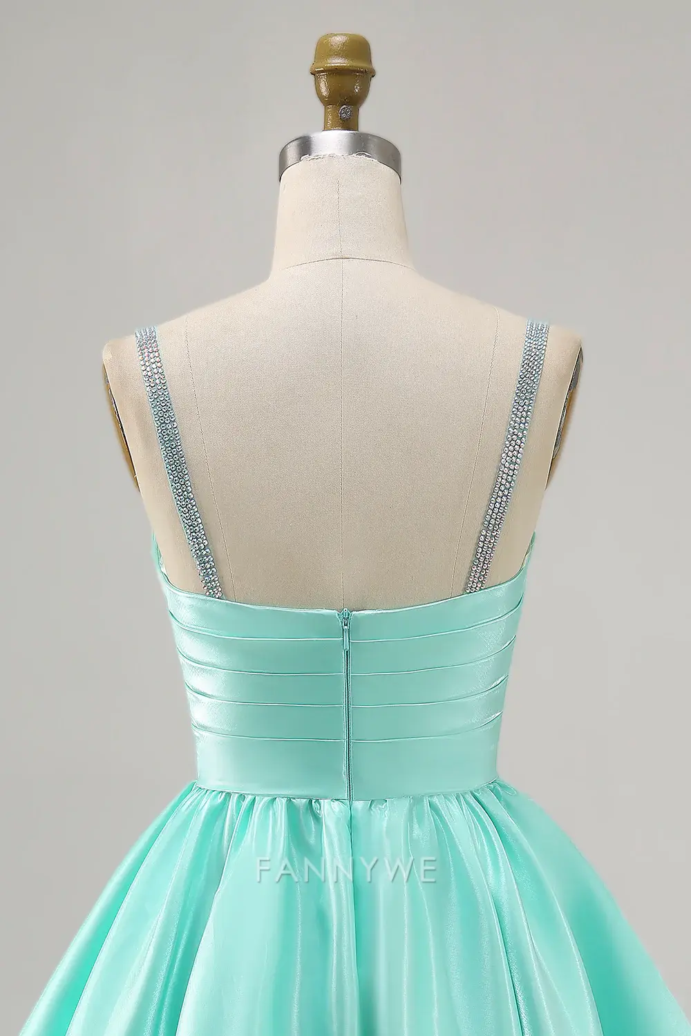 FannyWe Elegant Sparkly Mint Green Ruched Satin Short Homecoming Dress with Beading hot sale - TREBLEV