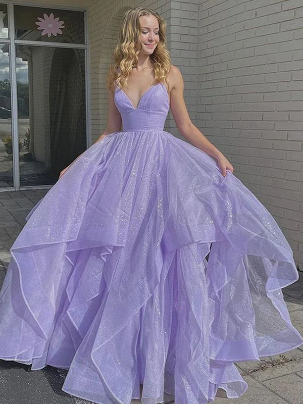 Gorgeous Lilac A-Line Ruffles V-neck Sleeveless Sweep/Brush Train Dresses - TREBLEV
