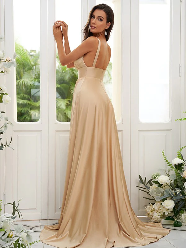 A-Line/Princess Jersey Ruffles V-neck Sleeveless Sweep/Brush Train Bridesmaid Dresses - TREBLEV