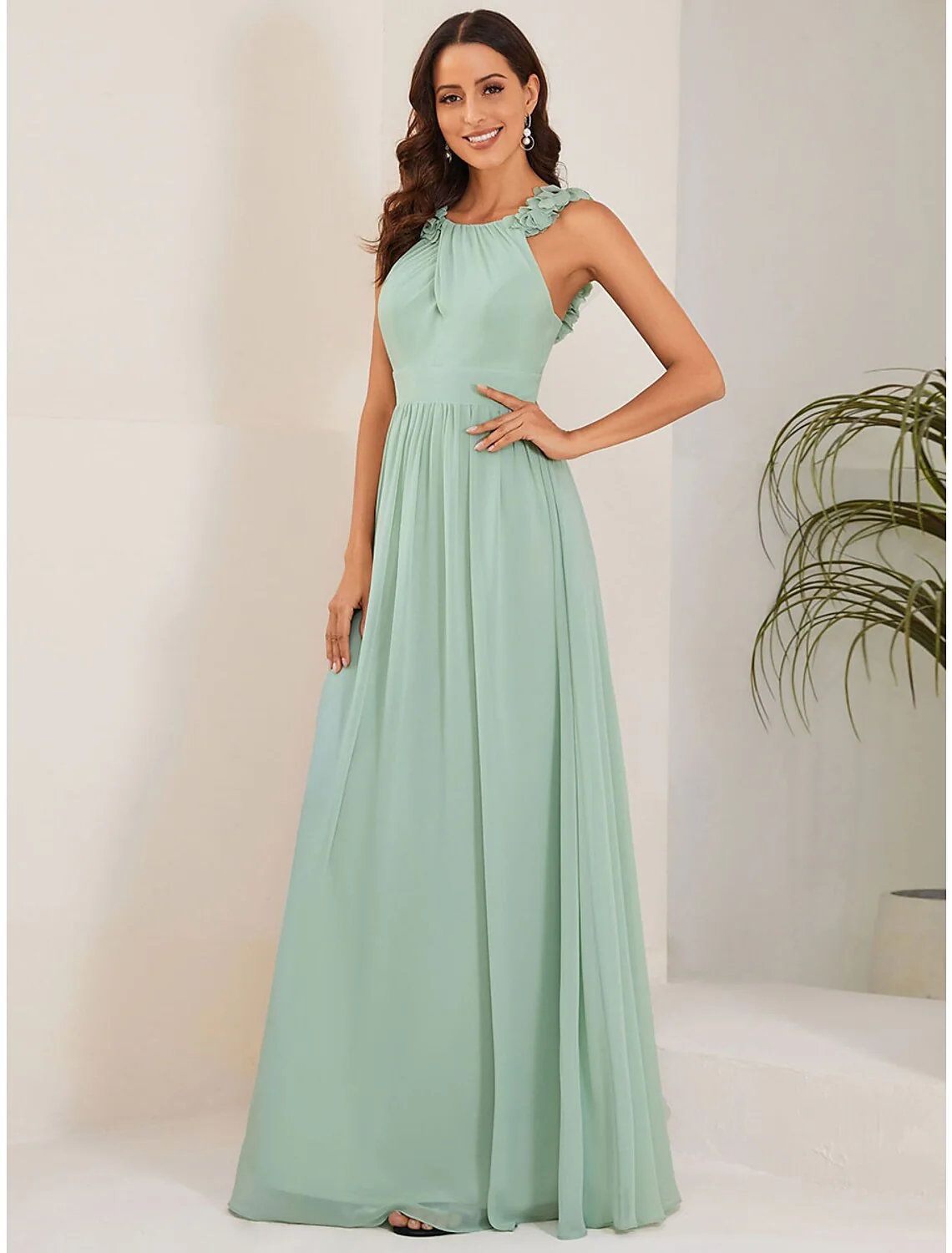 A-Line Wedding Guest Dresses Elegant Dress Formal Floor Length Sleeveless Jewel Neck Chiffon with Pleats Shouder Flower - TREBLEV