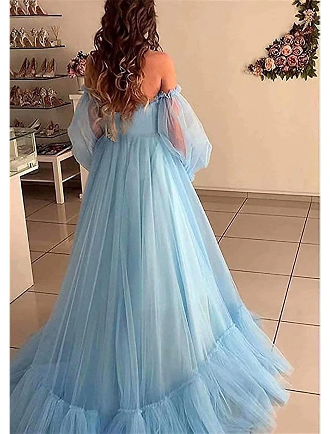 A-Line Minimalist Elegant Engagement Prom Dress Off Shoulder Long Sleeve Floor Length Tulle with Pleats Appliques - TREBLEV