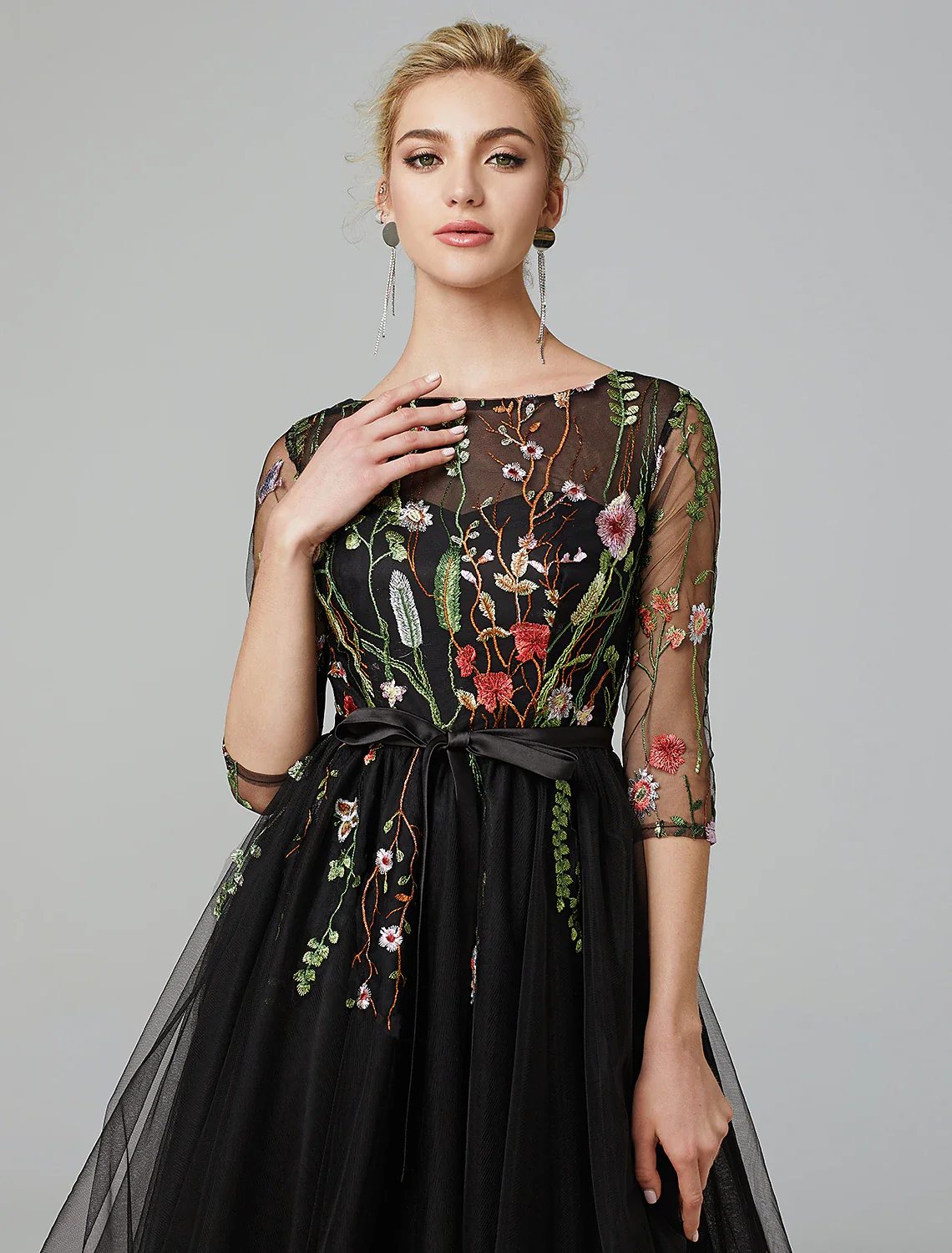 A-Line Little Black Dress Dress Wedding Guest Knee Length Long Sleeve Illusion Neck Wednesday Addams Family Tulle with Embroidery Appliques - TREBLEV