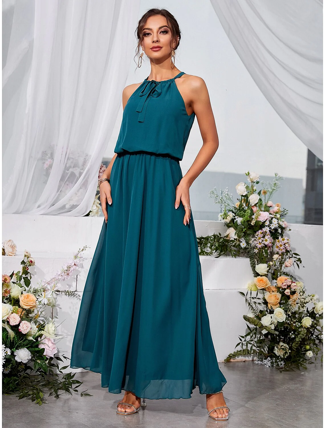 A-Line Wedding Guest Dresses Elegant Dress Holiday Ankle Length Sleeveless Halter Lace with Strappy - TREBLEV