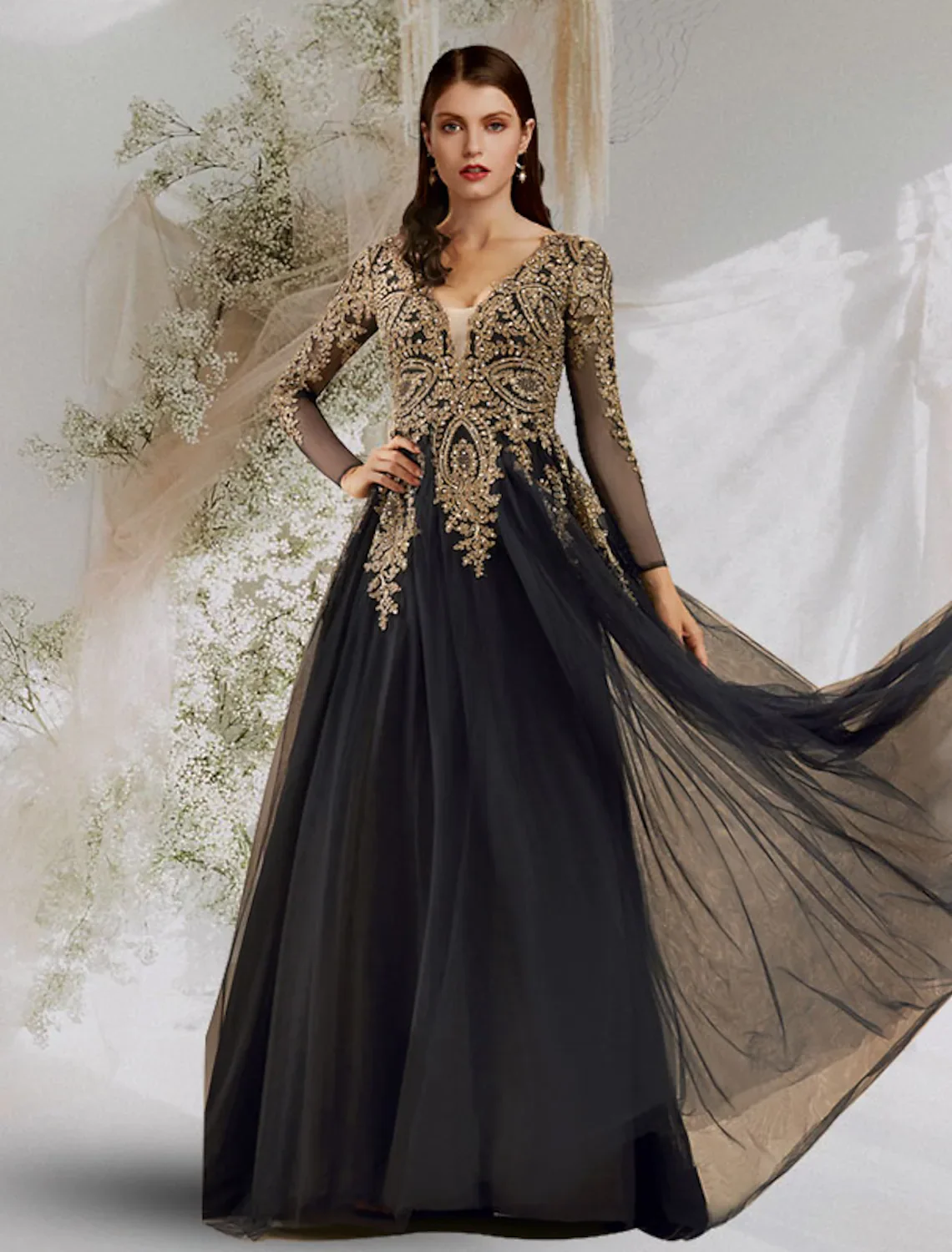 Luxurious Elegant Evening Dress V Neck Long Sleeve Floor Length Tulle with Sequin Appliques - TREBLEV