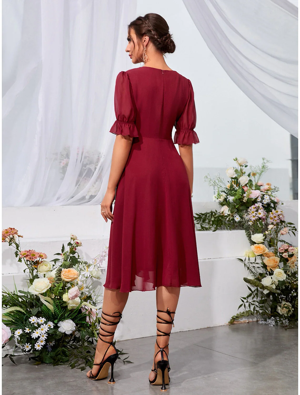 A-Line Wedding Guest Dresses Elegant Dress Holiday Tea Length Half Sleeve Jewel Neck Chiffon with Fringe - TREBLEV