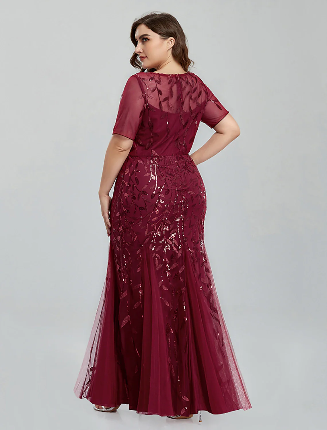 Mermaid / Trumpet Evening Gown Empire Dress Homecoming Floor Length Short Sleeve Jewel Neck Tulle with Embroidery - TREBLEV