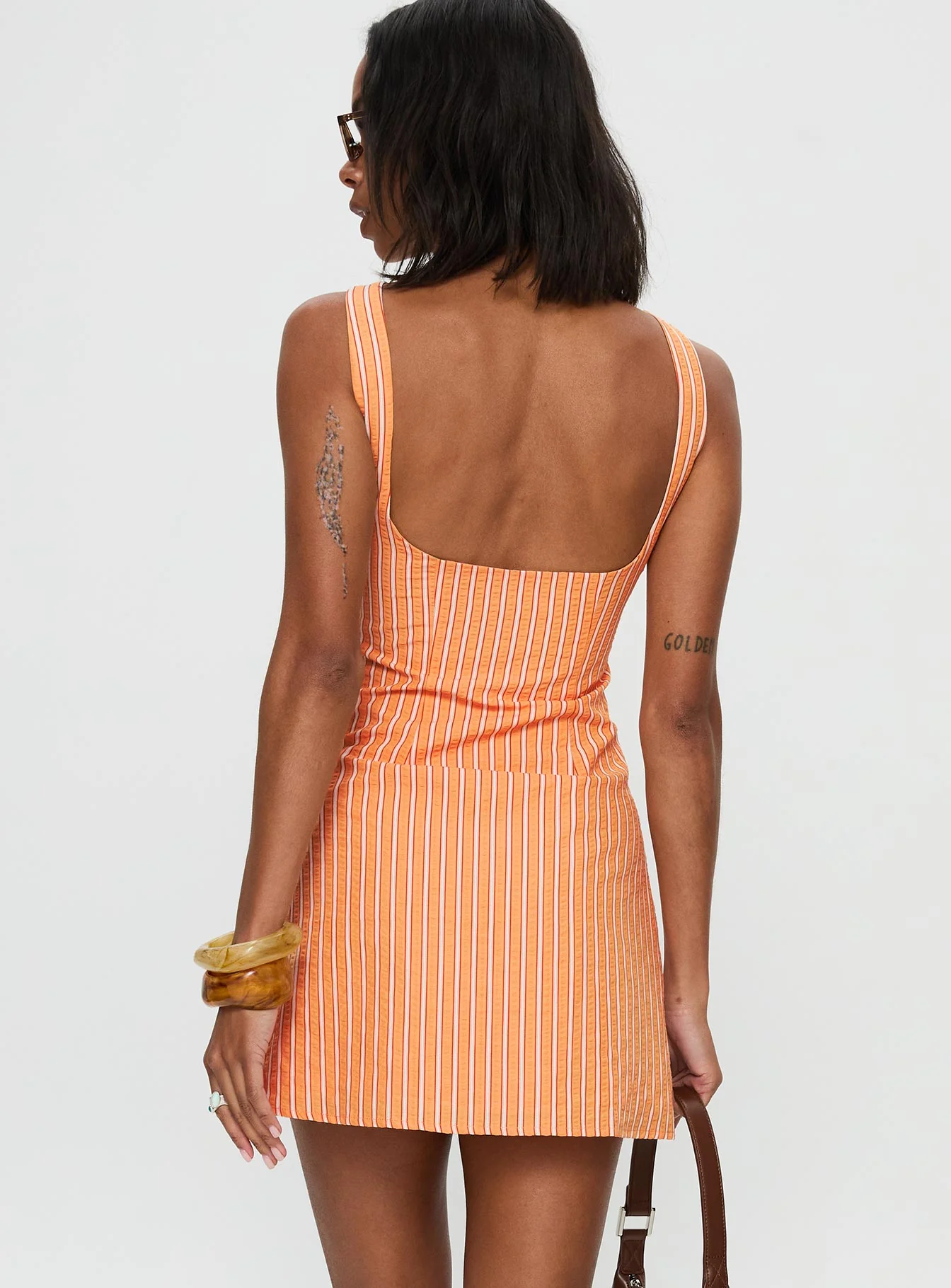Ellesandra Boat Neck Mini Dress Orange Stripe - TREBLEV