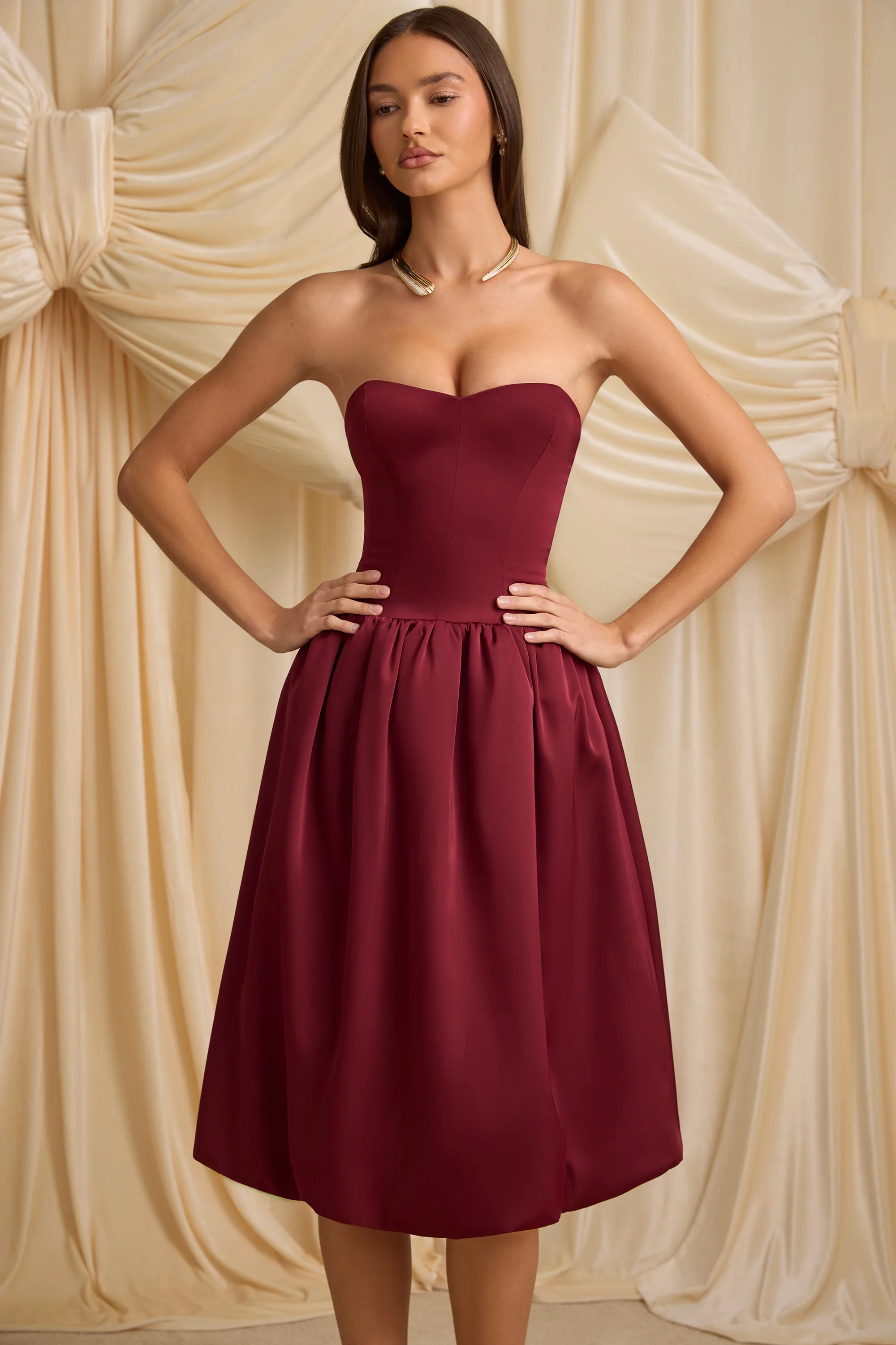 Convertible Bow-Detail Bubble Hem Midaxi Dress in Wine Red - TREBLEV