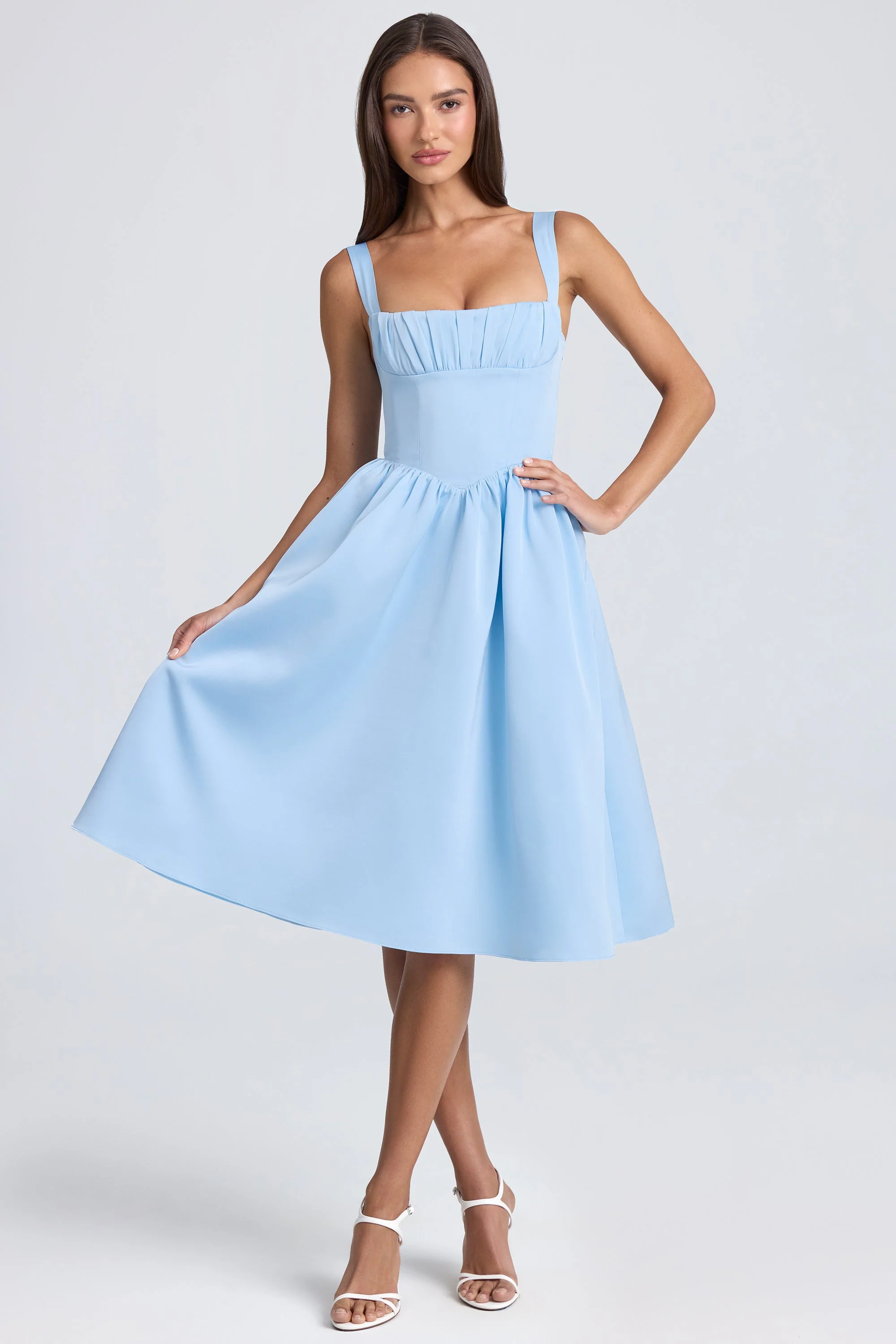 Draped Corset Midaxi Dress in Powder Blue - TREBLEV