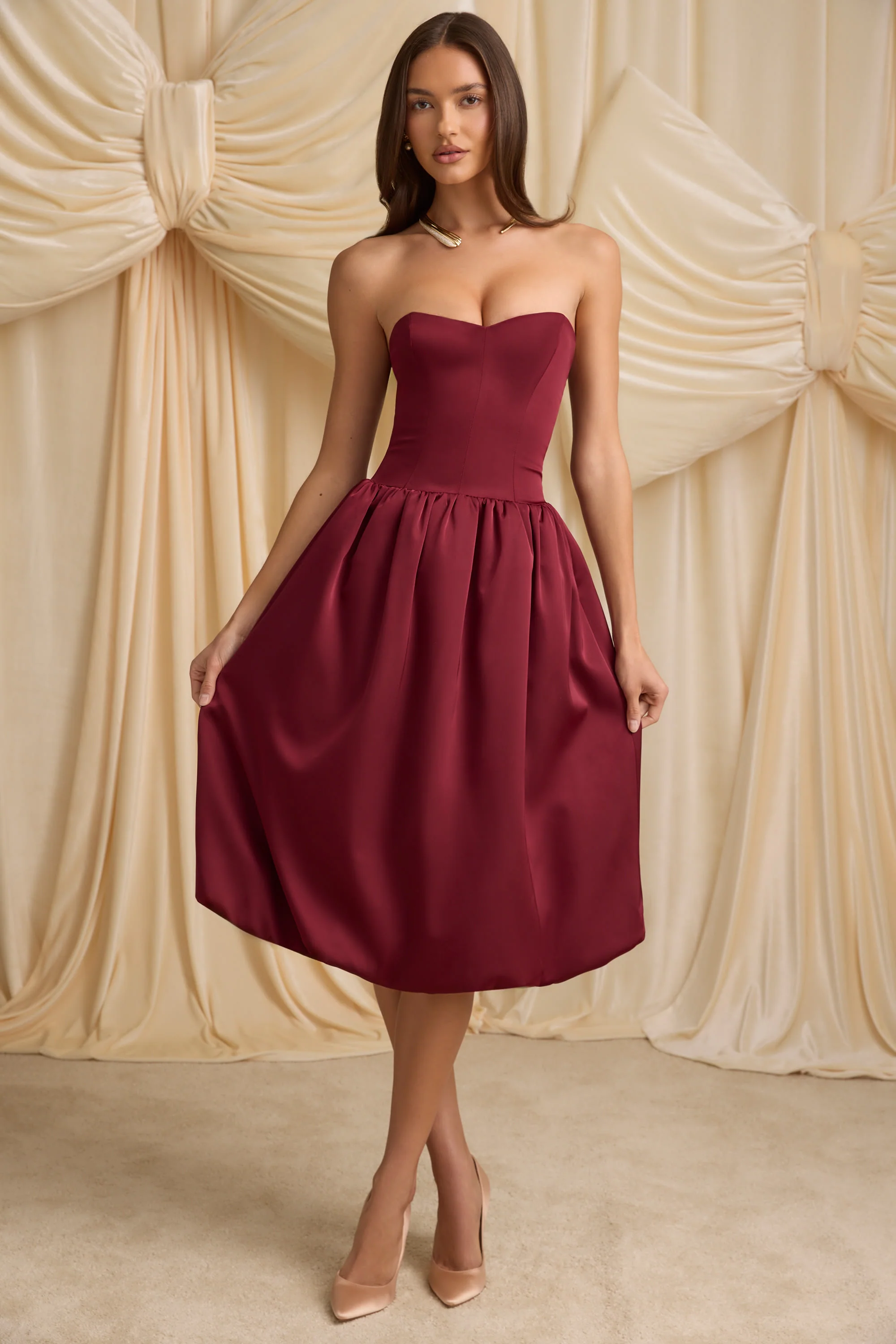 Convertible Bow-Detail Bubble Hem Midaxi Dress in Wine Red - TREBLEV