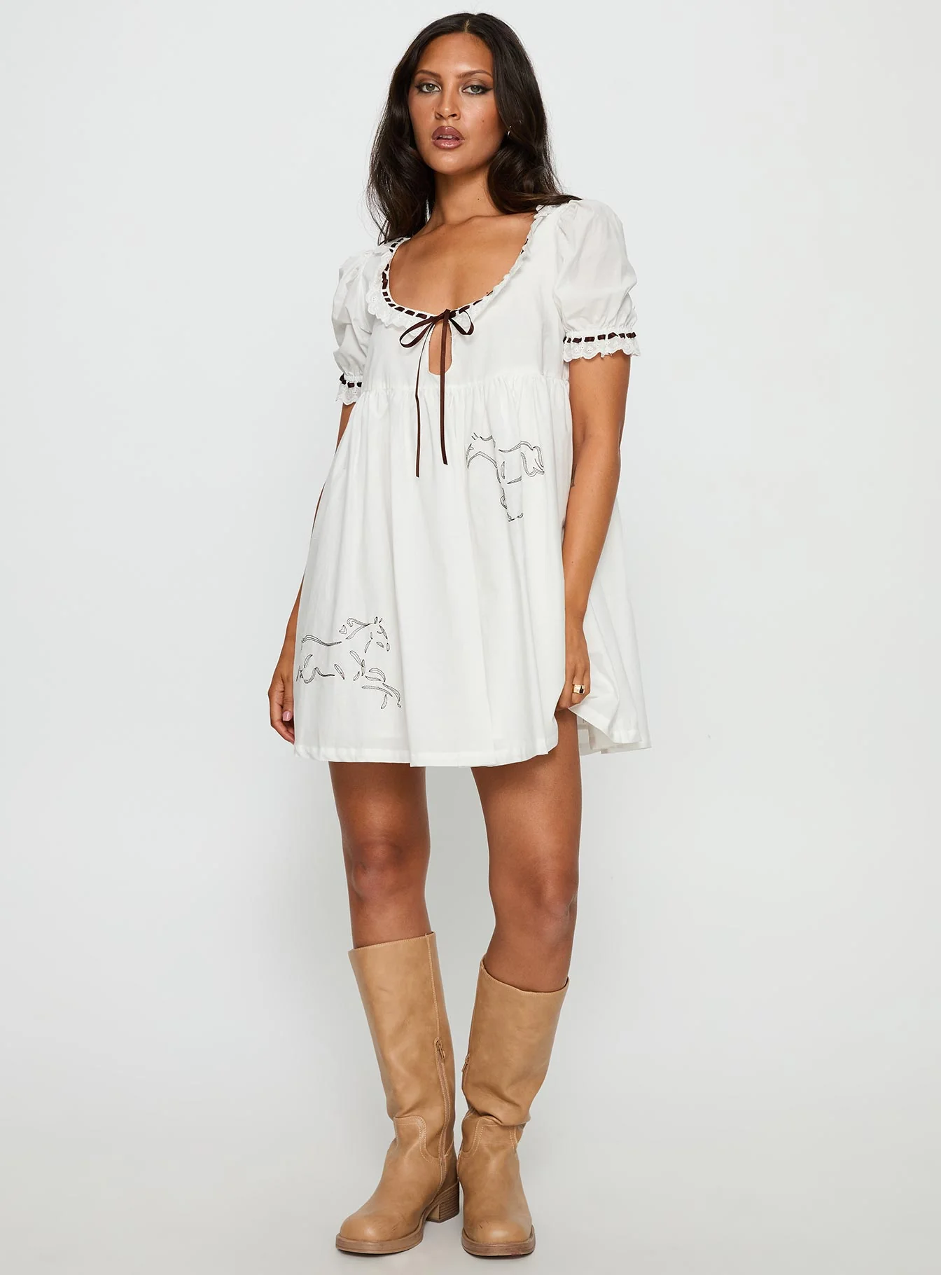 Cloudy Babydoll Contrast Trim Mini Dress White - TREBLEV